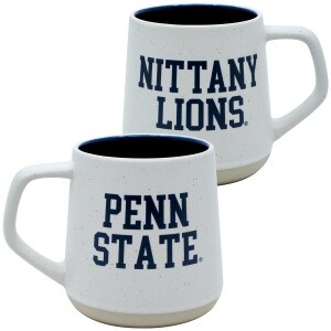 speckled white mug with Penn State on one side, Nittany Lions on other